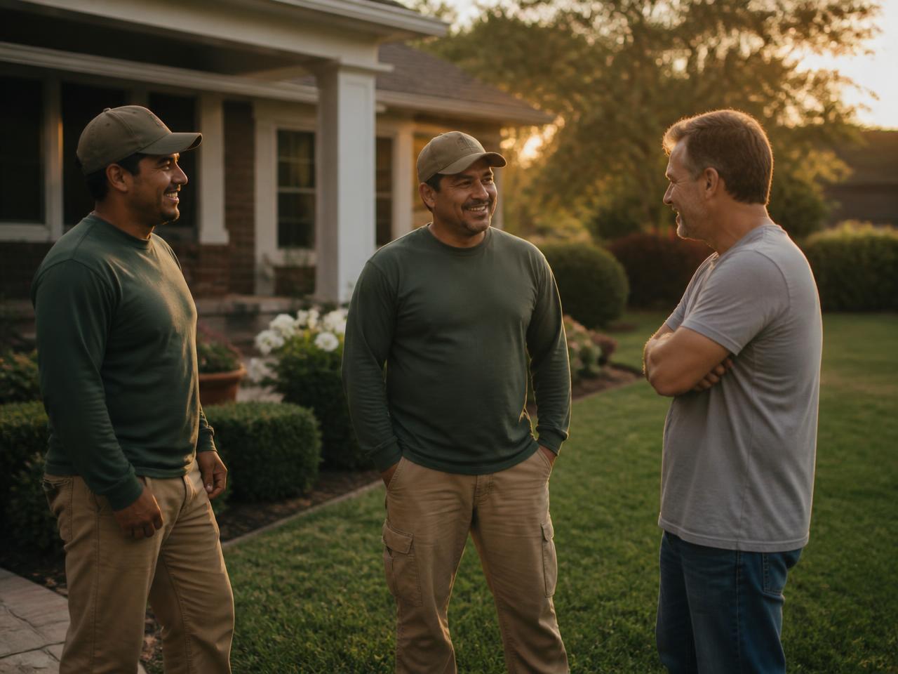 Summit Lawn & Landscape crew reviewing a yard plan with a homeowner