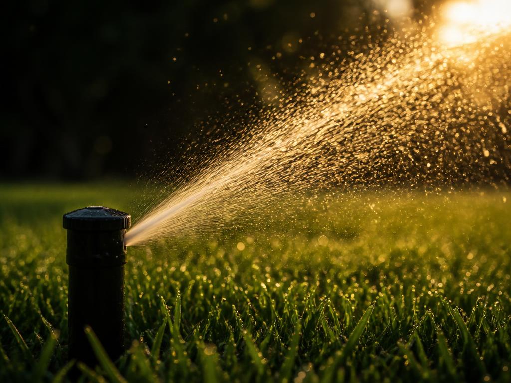 Pop-up sprinkler head watering a green lawn, backlit water droplets at sunset
