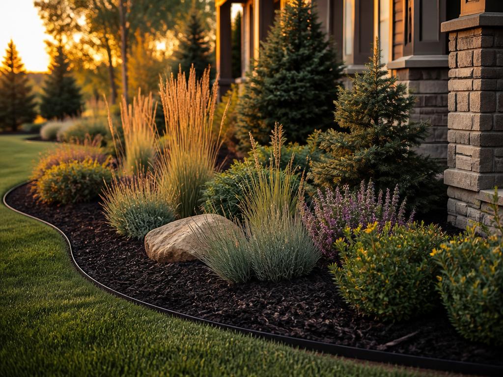 Freshly installed landscape bed with native plantings, dark mulch and clean steel edging