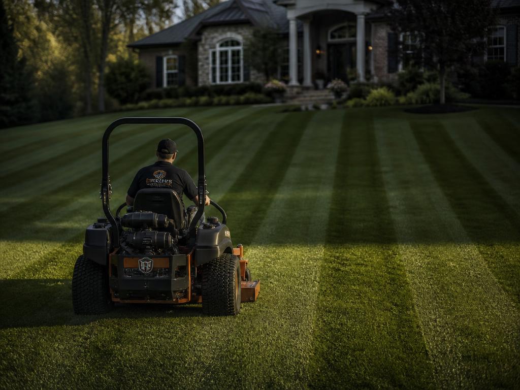 Landscaper mowing a residential lawn into crisp stripes with a commercial mower